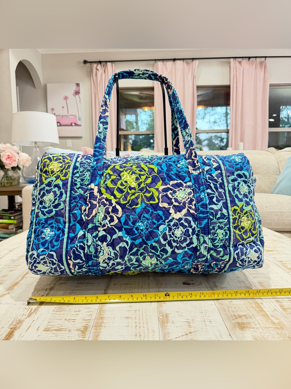 Vera Bradley Large Travel Duffel Quilted Bag “Katalina Blues" Blue Lime Green